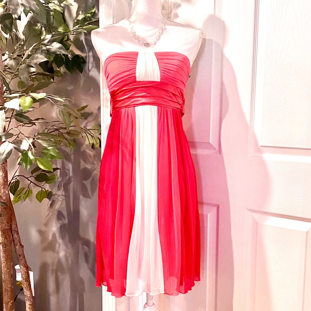 INTRIGUE Coral and Ivory Strapless Chiffon Dress
